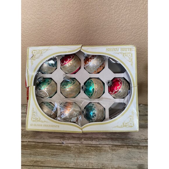 Vtg Shiny Brite Stenciled Glass Ornaments 1960s Box of 10 Max Eckardt Poloron - Picture 1 of 12
